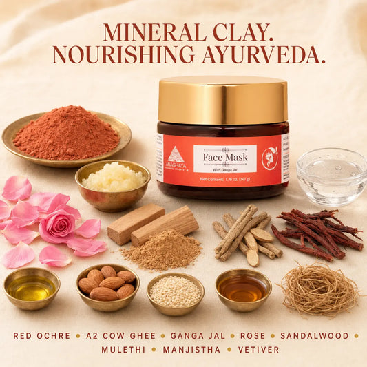 A jar of Ayurvedic Face Mask surrounded by its natural ingredients on a beige fabric background, with text reading 'MINERAL CLAY. NOURISHING AYURVEDA.