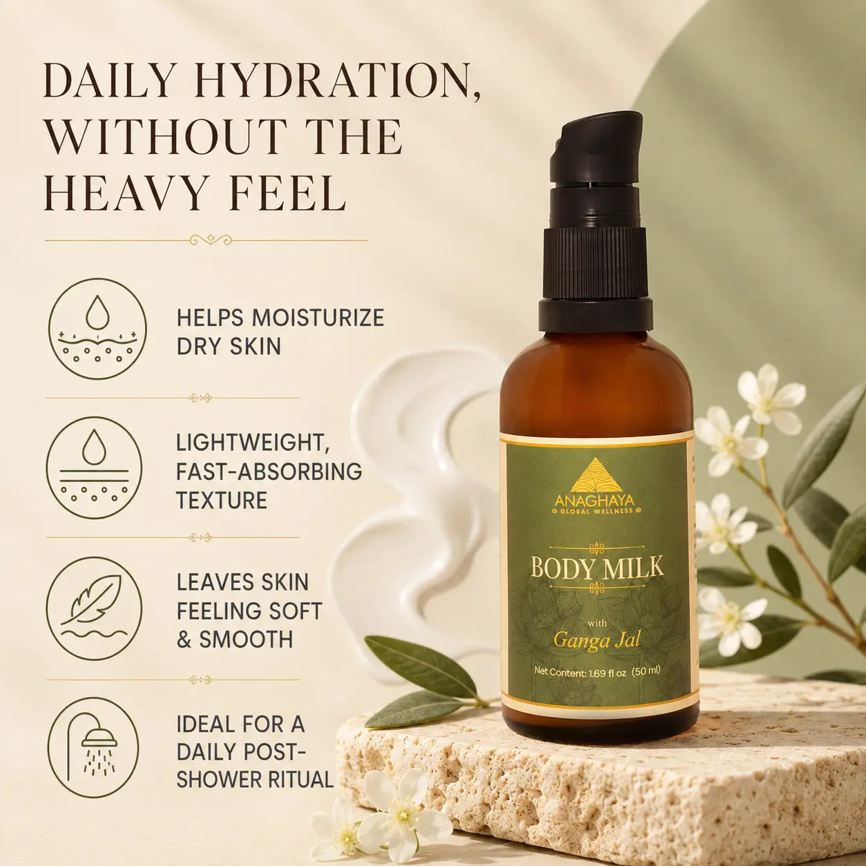 Anaghaya Ayurvedic Body Milk – Hydrating Lotion with A2 Ghee & Ganga Jal