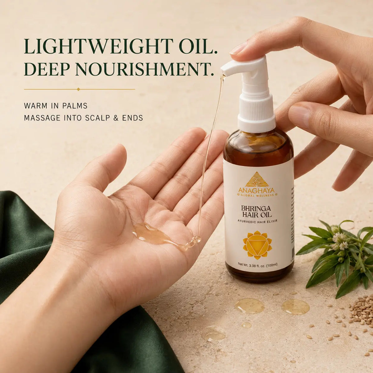 A bottle of Aradhya Hair Oil being dispensed with a pump, with a hand holding the bottle and another hand showing the golden oil dripping into the palm. Text on the left reads 'LIGHTWEIGHT OIL.