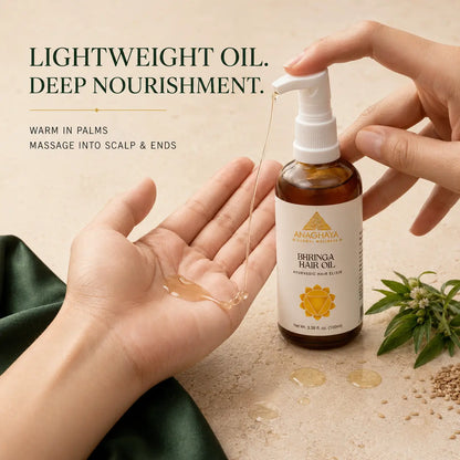 A bottle of Aradhya Hair Oil being dispensed with a pump, with a hand holding the bottle and another hand showing the golden oil dripping into the palm. Text on the left reads 'LIGHTWEIGHT OIL.