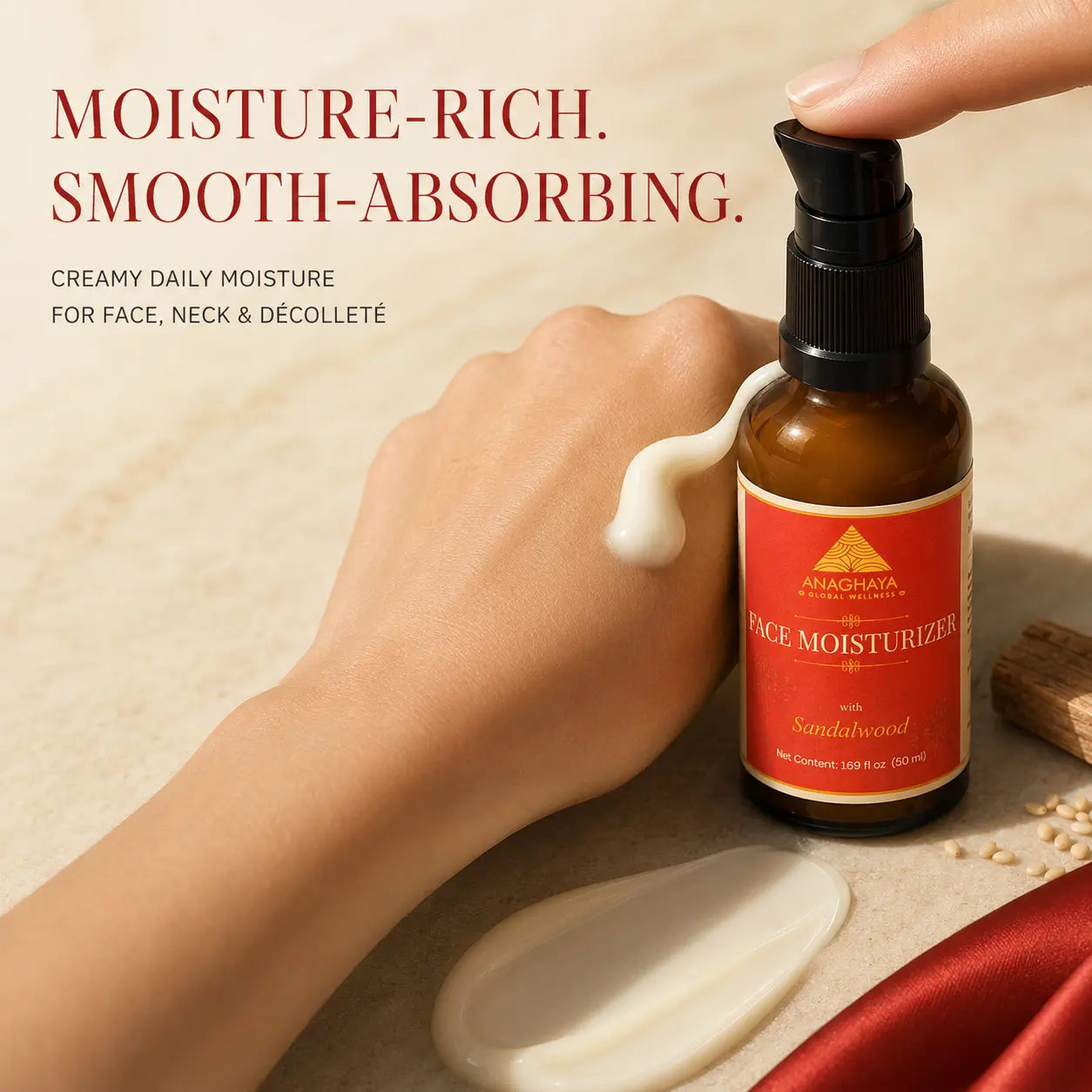 A hand holds a pump bottle of Alimozhaya Face Moisturizer next to a hand with cream smeared across it, on a beige textured surface with product text overlay.