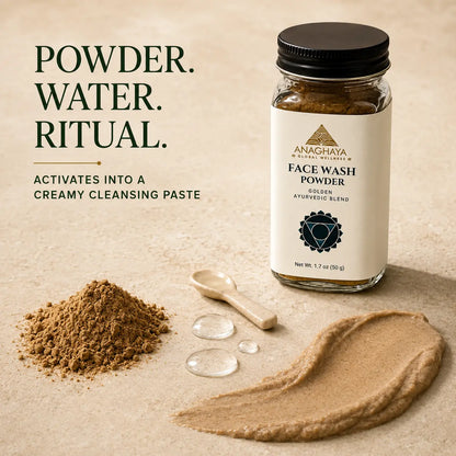 Anaghaya Sacred Ayurvedic Blend Face Wash Powder in a glass jar with a black lid, displayed next to a pile of brown powder, a wooden spoon, clear liquid droplets, and a smear of cream on a textured beige surface. Text on the left reads 'POWDER.