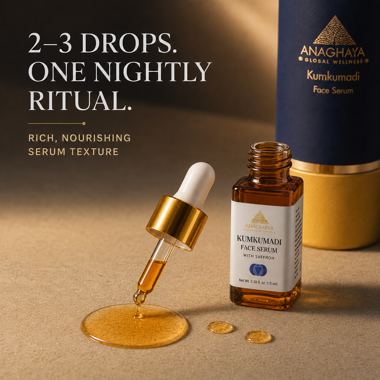 Anaghaya Kumkumadi Face Serum shown with an amber glass dropper bottle, a gold-and-white dropper resting on a beige surface with golden serum pooling below, and the navy-and-gold product box in the background. Text on the left reads, '2-3 DROPS.