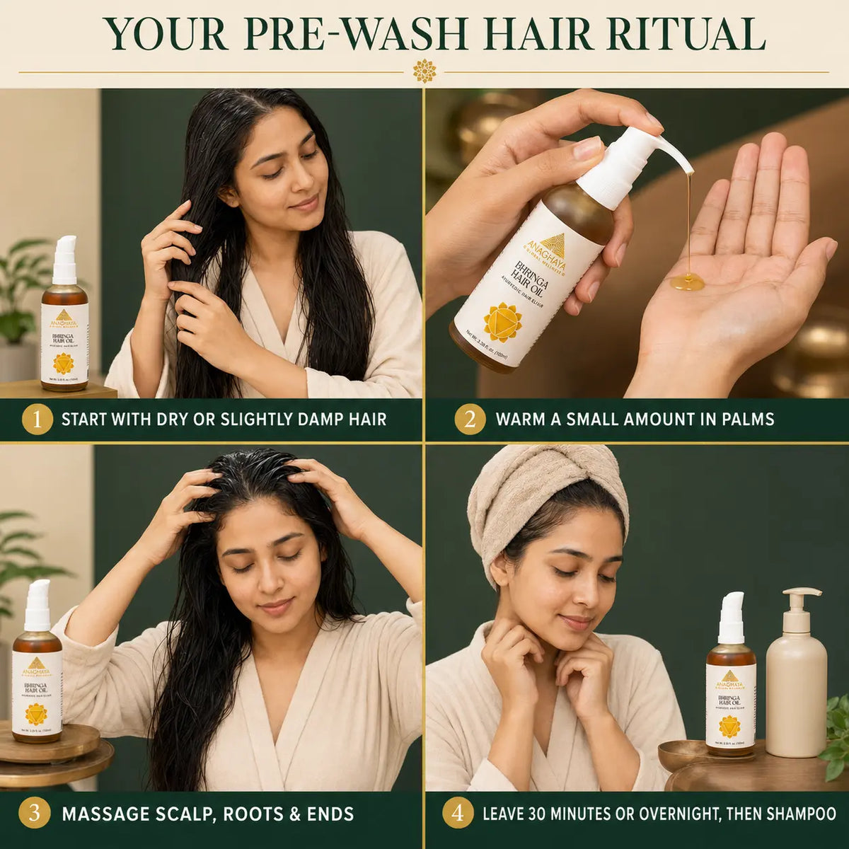 A four-panel promotional graphic titled 'YOUR PRE-WASH HAIR RITUAL' showing a woman with long dark hair in a beige robe, hands applying and warming a hair product, and the product bottles on a wooden surface. The panels include numbered steps and show the product being demonstrated in use, so this is Lifestyle rather than Product/Packaging.