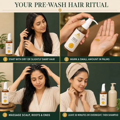 A four-panel promotional graphic titled 'YOUR PRE-WASH HAIR RITUAL' showing a woman with long dark hair in a beige robe, hands applying and warming a hair product, and the product bottles on a wooden surface. The panels include numbered steps and show the product being demonstrated in use, so this is Lifestyle rather than Product/Packaging.