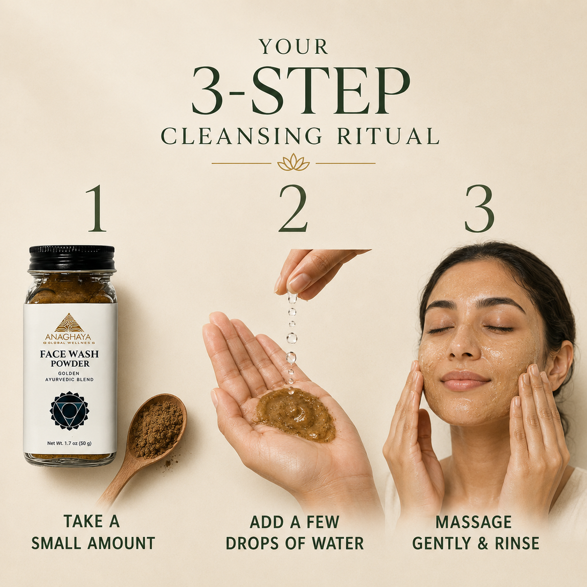 Promotional graphic for a face wash powder cleansing ritual, showing a jar of face wash powder, a spoonful of powder, a hand adding water drops, and a woman massaging her face. Text reads 'YOUR 3-STEP CLEANSING RITUAL' with steps 1, 2, and 3 labeled.