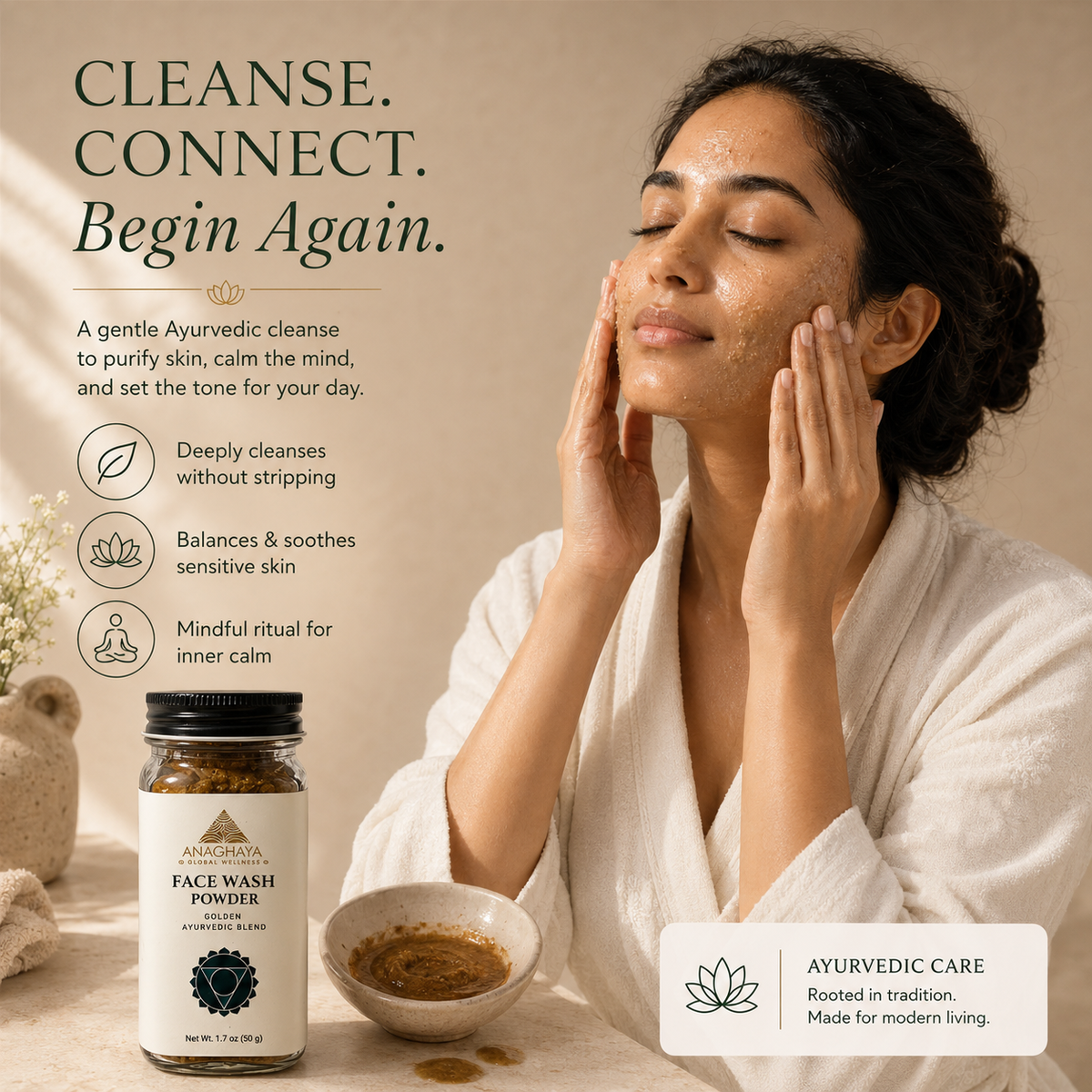 A woman in a white robe cleanses her face with her hands, next to a bottle of Anchjali Face Wash Powder and a small bowl of powder. The background is a warm beige with promotional text for an Ayurvedic cleanse.