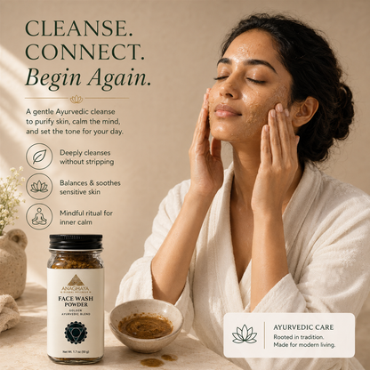 A woman in a white robe cleanses her face with her hands, next to a bottle of Anchjali Face Wash Powder and a small bowl of powder. The background is a warm beige with promotional text for an Ayurvedic cleanse.