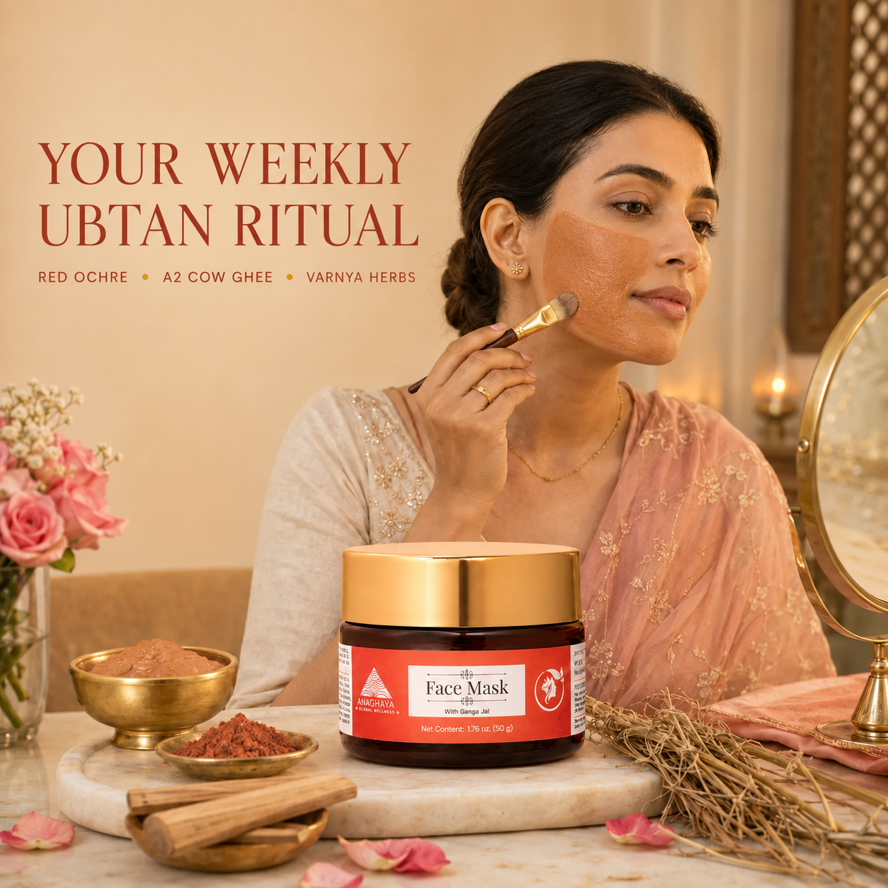 A woman applies a facial mask while a jar of Red Ochre Face Mask sits on a marble surface with skincare props, flowers, and a mirror in a warm indoor setting. Text on the image reads 'YOUR WEEKLY UBTAN RITUAL' with ingredients listed below.