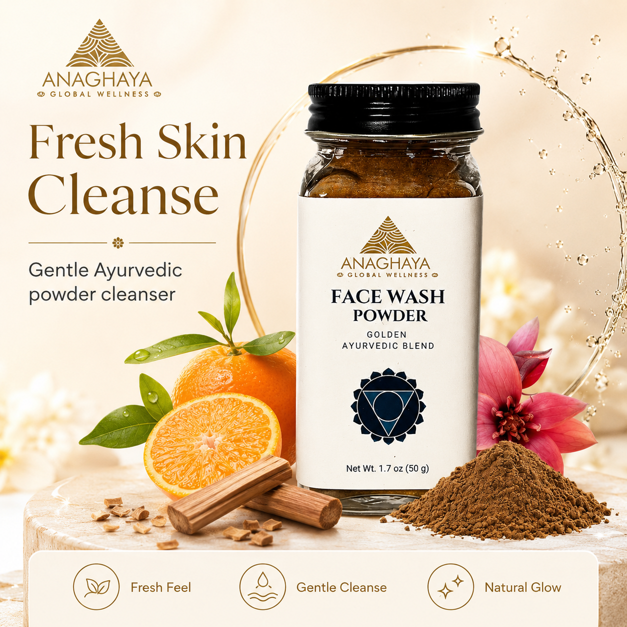 Anaghaya Face Wash Powder bottle with oranges and flowers on a light background