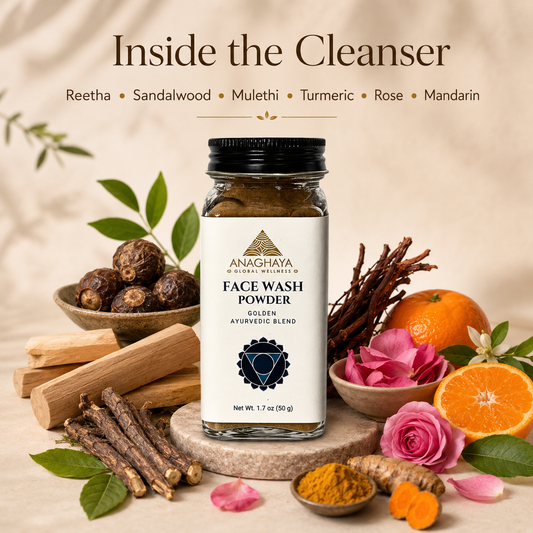 Anghaya Face Wash Powder jar with natural ingredients on a beige background