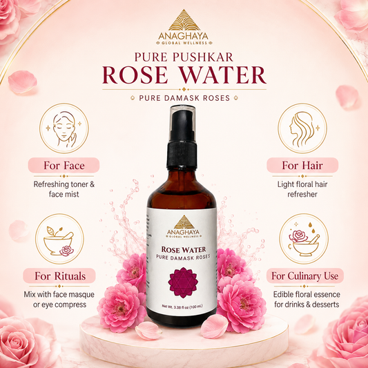 Anaghaya Pure Pushkar Rose Water bottle centered on a pink promotional background with decorative roses, icons for face, hair, rituals, and culinary use, and product text at the top.