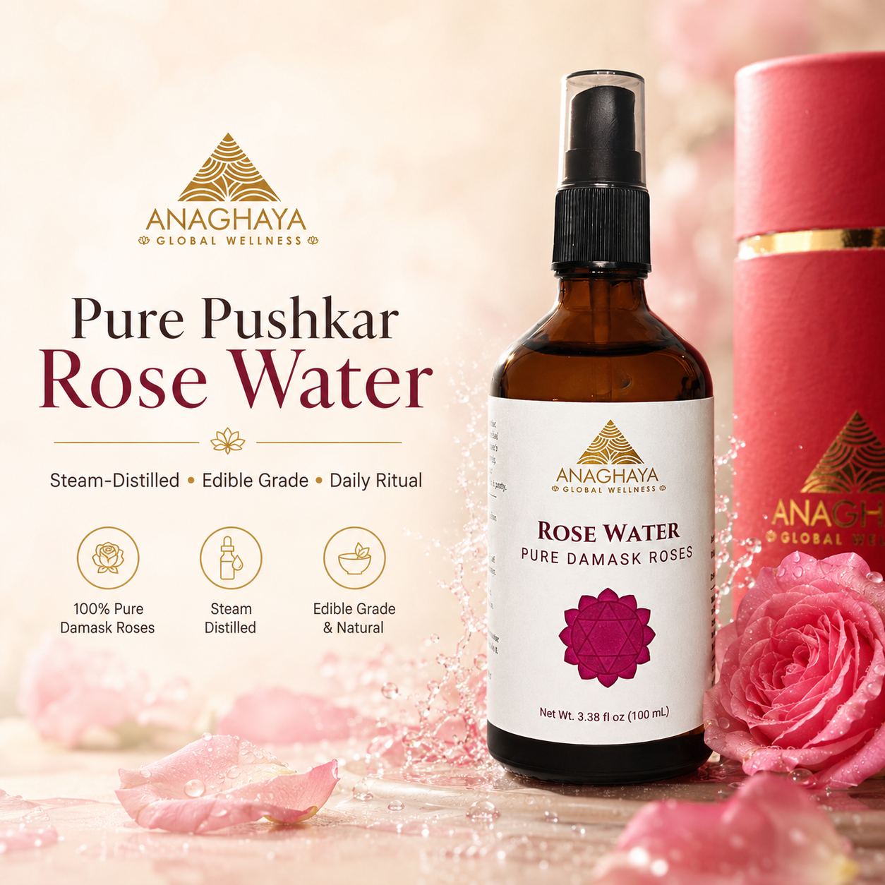 Anaghaya Pure Pushkar Rose Water in an amber glass spray bottle with a black pump and white label, shown alongside a pink cylindrical box and pink rose petals on a soft pink background.