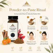 Load image into Gallery viewer, Anaghaya face wash powder with instructions for a powder-to-paste ritual on a light background.