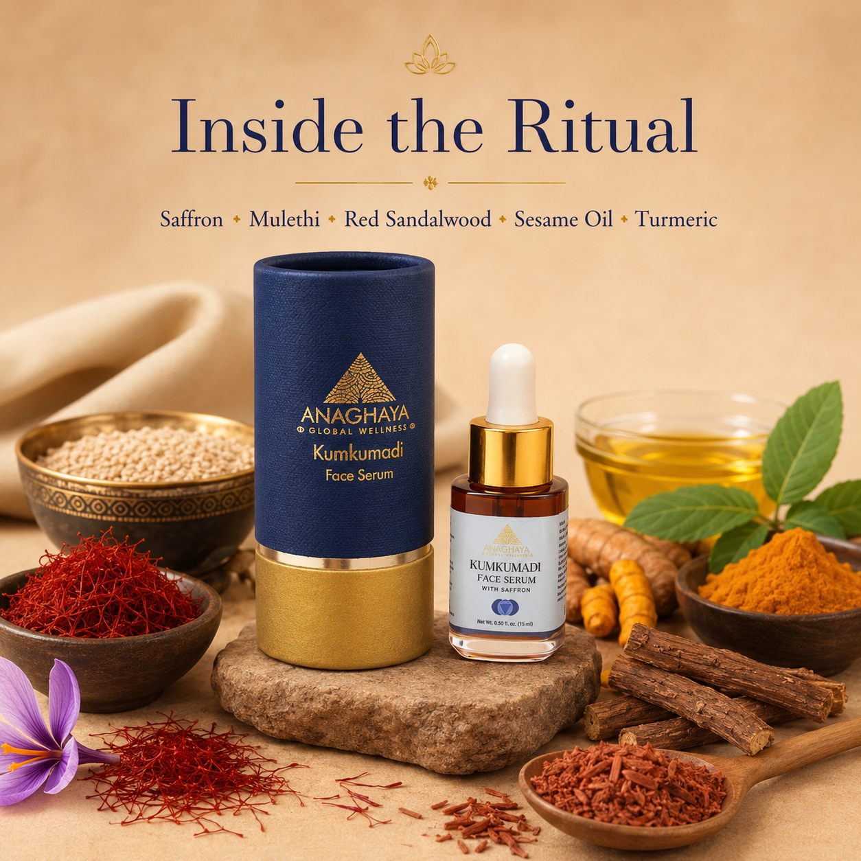 Anaghaya Kumkumadi face serum with ingredients on a wooden surface