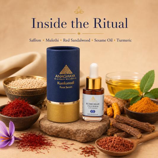 Anaghaya Kumkumadi face serum with ingredients on a wooden surface